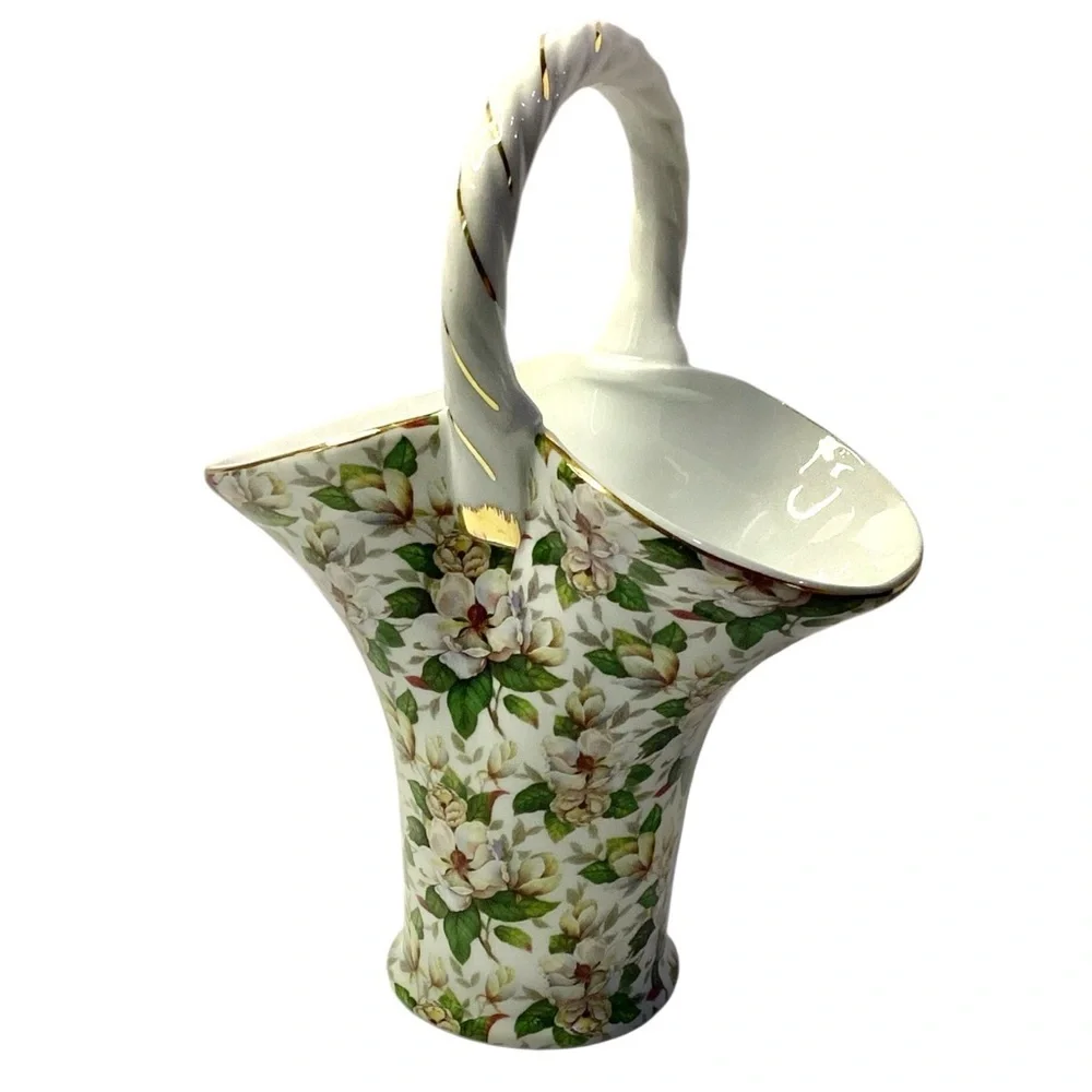 Vintage Basket Vase Porcelain Formalities Baum Bros. Magnolia Chintz Gold Trim
